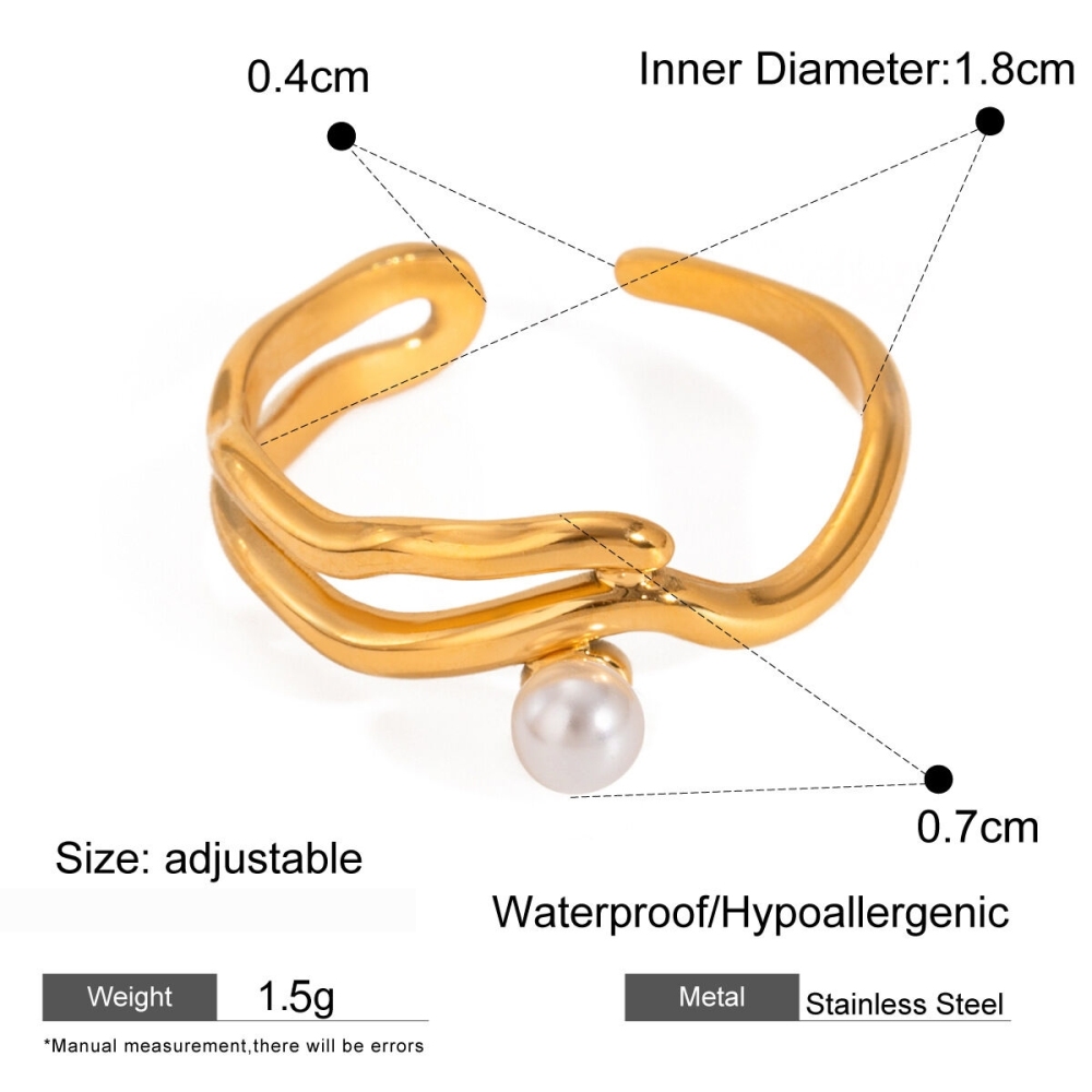 1 Paire De Bagues Ajustables Géométriques Simples En Acier Inoxydable Plaqué Or  Avec Perles Artificielles Pour Femmes Image2