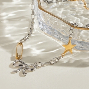 Collier Avec Pendentif En Forme De Nœud Papillon Rétro, Série Simple, En Acier Inoxydable Plaqué Or , Pour Femme, 1 Pièce h5 