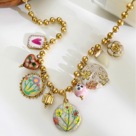 Colliers pendentifs pour femmes, collection romantique, motif fleur et cœur, en acier inoxydable étanche, couleur or