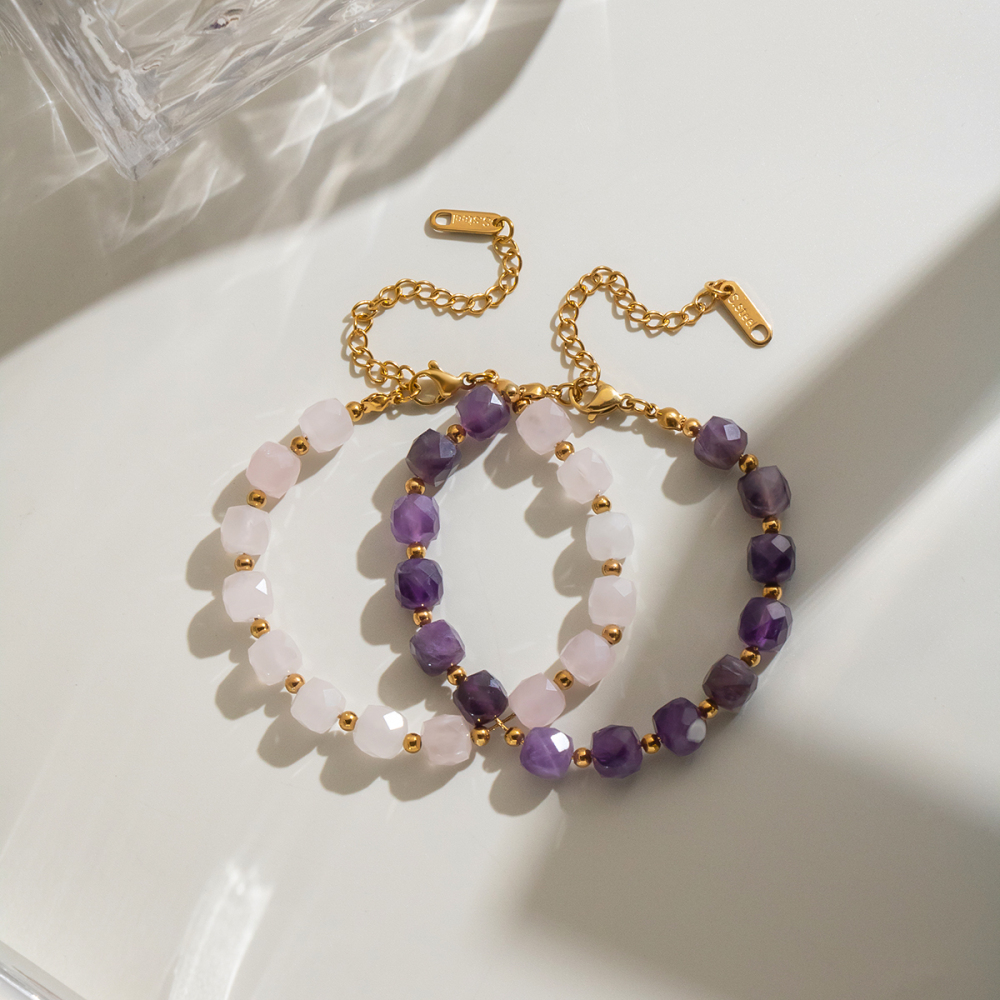 Bracelets Pour Femmes En Acier Inoxydable Étanches, Ornés De Perles D'Améthyste Et De Pierres Naturelles Image3