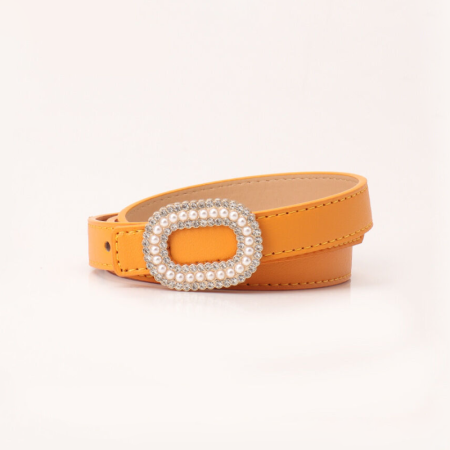 Ceinture en cuir PU de qualité supérieure, élégante et unie, ornée de strass et de perles artificielles, collection Simple Series.