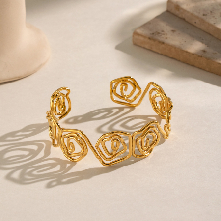 Bracelet et bague manchette pour femme en acier inoxydable doré, étanche, en forme de rose 2