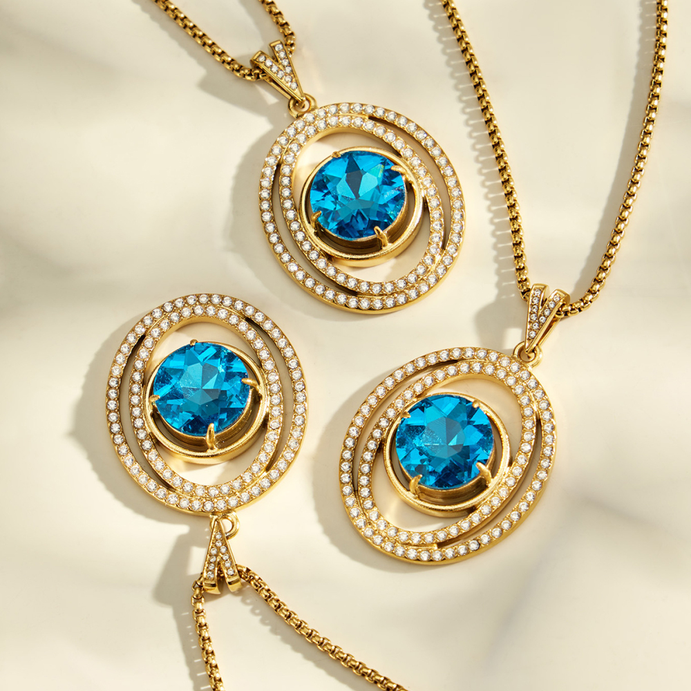 Colliers Pendentifs Pour Femmes De La Série Luxueuse, En Acier Inoxydable Étanche, Couleur Or, Zircon Et Verre Bleu h5Image3