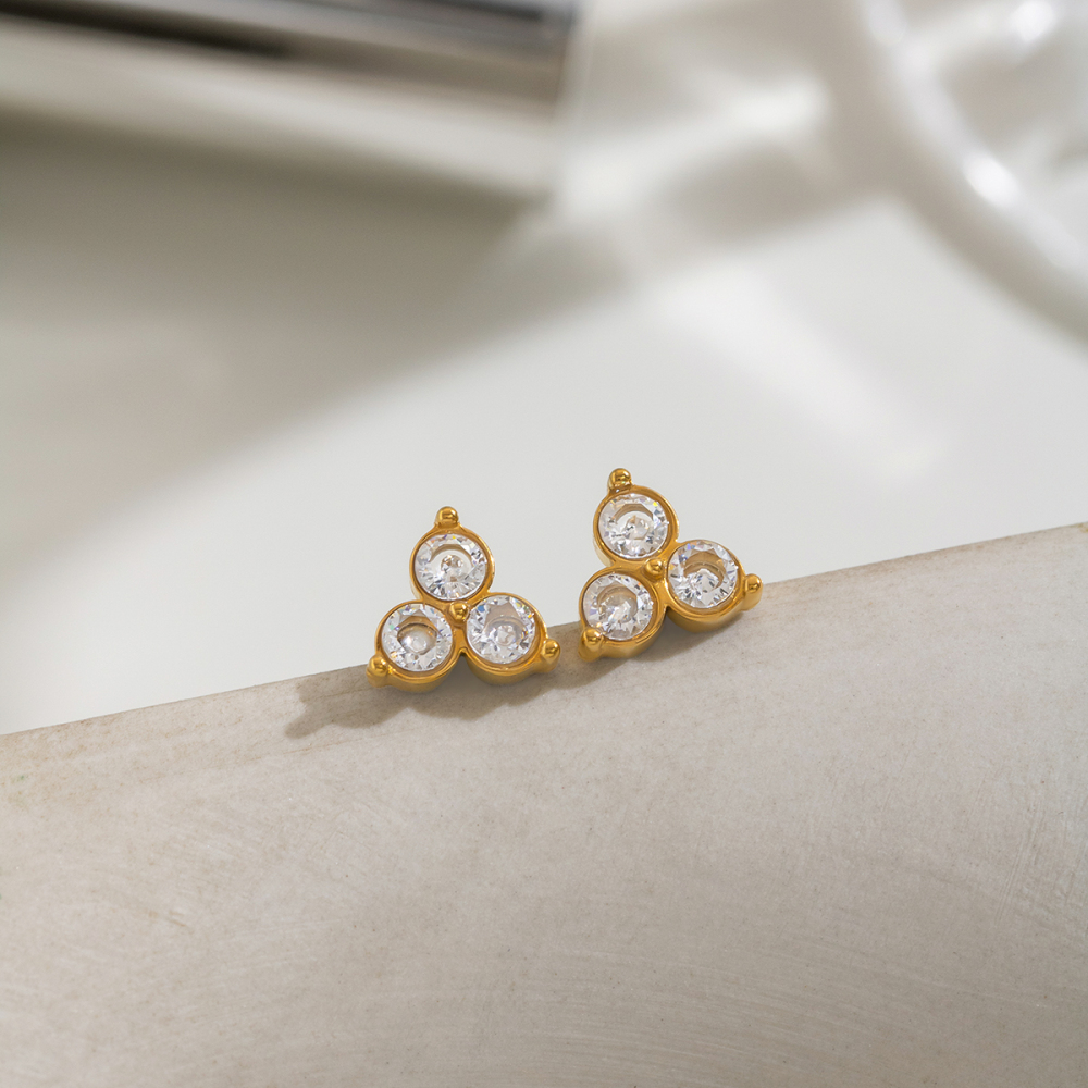 Boucles D'Oreilles Puces Pour Femmes En Acier Inoxydable Doré, Imperméables, En Forme De Fleur Et Ornées De Strass Image3