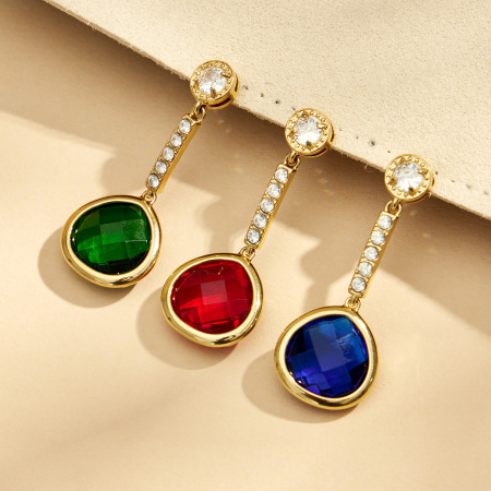 Boucles d'oreilles pendantes pour femme, collection Luxueuse, en acier inoxydable doré avec zircon et verre, style cercle simple.