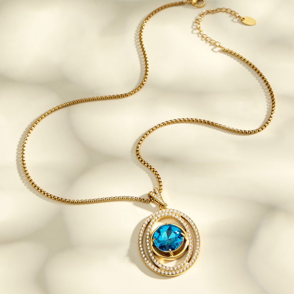 Colliers Pendentifs Pour Femmes De La Série Luxueuse, En Acier Inoxydable Étanche, Couleur Or, Zircon Et Verre Bleu h5Image2