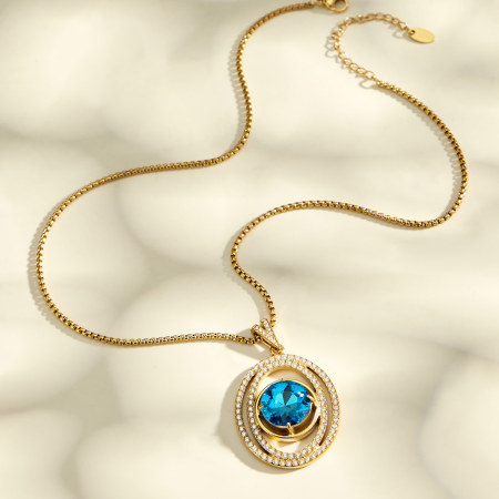 Colliers pendentifs pour femmes de la série Luxueuse, en acier inoxydable étanche, couleur or, zircon et verre bleu 2