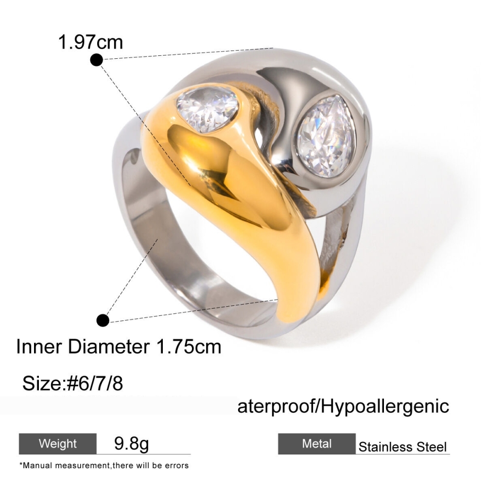 Bague En Acier Inoxydable Poli En Or  De Style Européen Et Américain En Forme De Larme Décalée Avec Zircon Blanc En Forme De Larme Image2