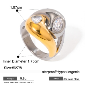 Bague En Acier Inoxydable Poli En Or  De Style Européen Et Américain En Forme De Larme Décalée Avec Zircon Blanc En Forme De Larme h5 Image2