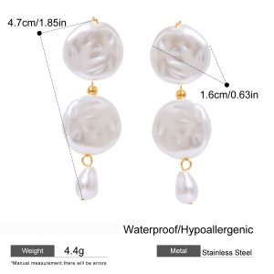 Boucles D'Oreilles Pendantes Élégantes Et Géométriques En Acier Inoxydable Plaqué Or Avec Perles Artificielles (1 Paire) h5 Image2