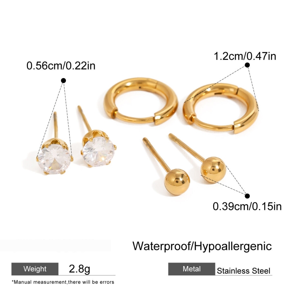 Ensemble De Boucles D'Oreilles Pour Femme, Style Géométrique Simple, En Acier Inoxydable, Étanche, Couleur Or, Avec Zircon. Image2