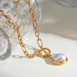 Collier Élégant Avec Pendentif Géométrique En Acier Inoxydable Plaqué Or Et Perles Artificielles Pour Femme, Série Classique, 1 Pièce h5