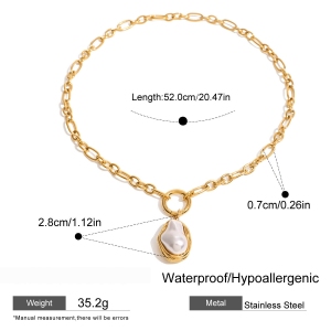 Collier Élégant Avec Pendentif Géométrique En Acier Inoxydable Plaqué Or Et Perles Artificielles Pour Femme, Série Classique, 1 Pièce h5 Image2