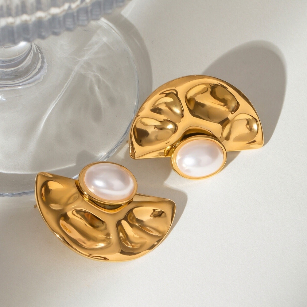 1 Paire De Boucles D'Oreilles À Tige Géométriques Rétro En Acier Inoxydable Plaqué Or Avec Perles Artificielles Pour Femmes