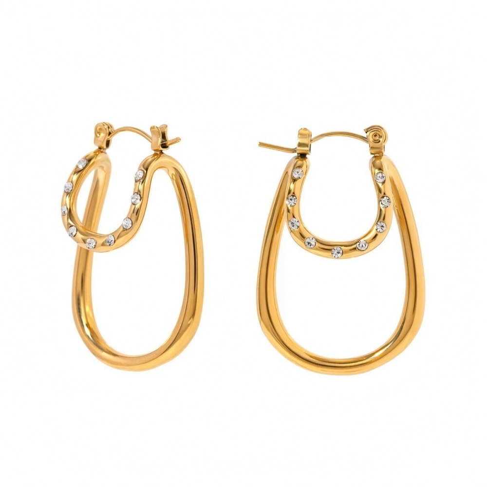 Boucles D'Oreilles Créoles Double Couche En Acier Inoxydable Doré Et Strass Blancs, Style Transfrontalier, Alliant Légèreté Et Luxe Haut De Gamme.
