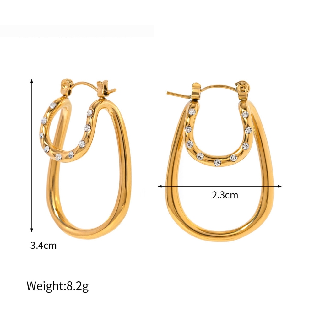 Boucles D'Oreilles Créoles Double Couche En Acier Inoxydable Doré Et Strass Blancs, Style Transfrontalier, Alliant Légèreté Et Luxe Haut De Gamme. h5Image2