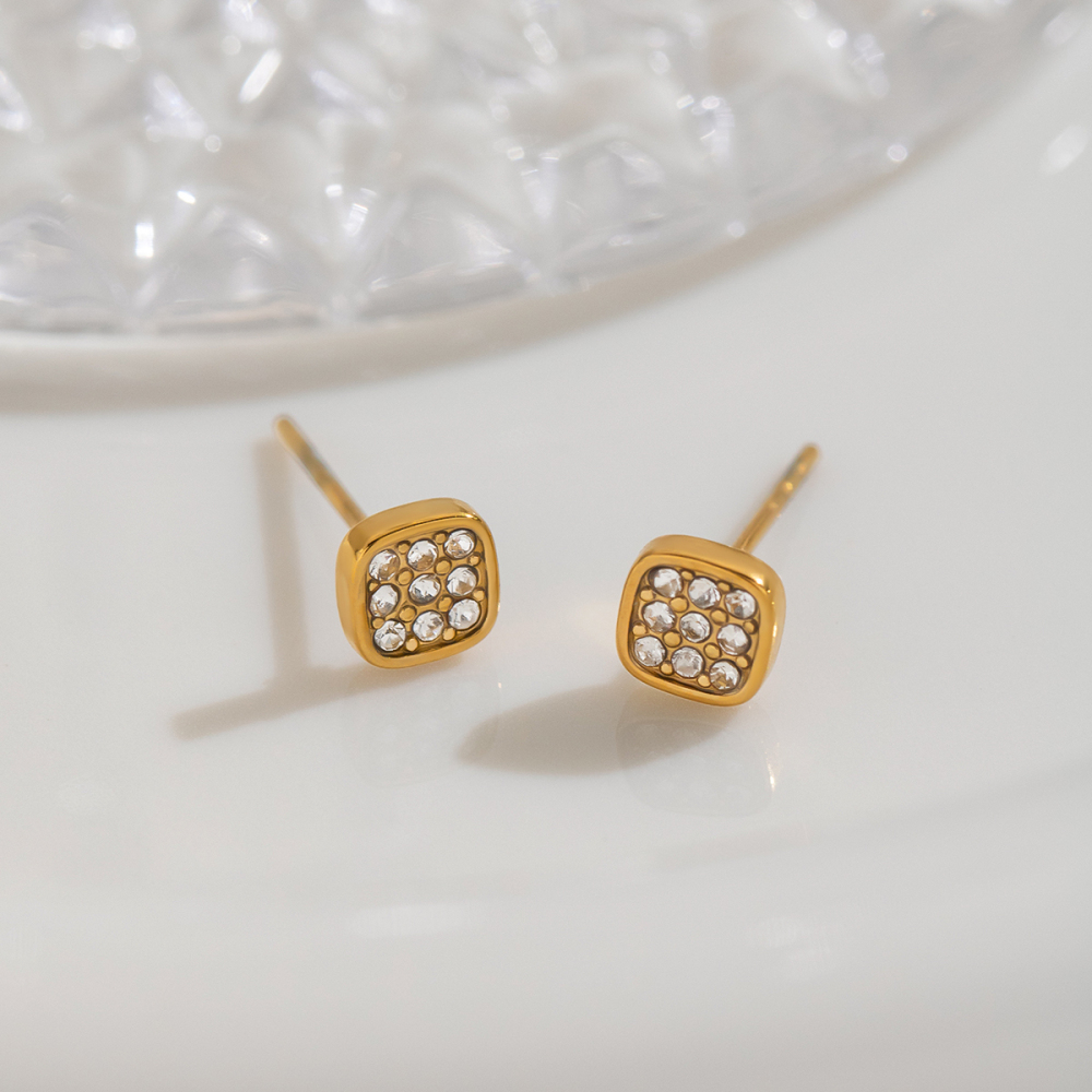 Boucles D'Oreilles Puces Pour Femmes, Forme Géométrique, En Acier Inoxydable, Étanches, Couleur Or, Avec Zircon. Image2
