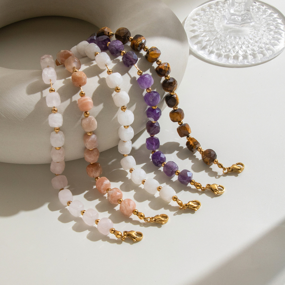 Bracelets Pour Femmes En Acier Inoxydable Étanches, Ornés De Perles D'Améthyste Et De Pierres Naturelles Image5