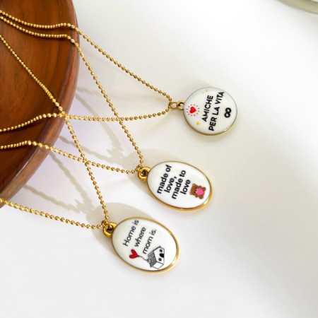 Colliers pendentifs pour femmes en acier inoxydable, couleur or, avec motif émaillé en forme d'ellipse simple