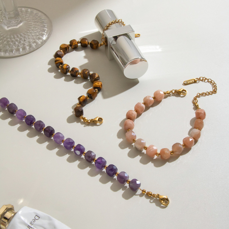 Bracelets pour femmes en acier inoxydable étanches, ornés de perles d'améthyste et de pierres naturelles 2