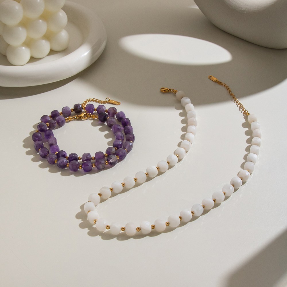 Colliers De Perles Pour Femmes En Acier Inoxydable Étanche, Ornés De Perles D'Améthyste Et De Pierres Naturelles Image4