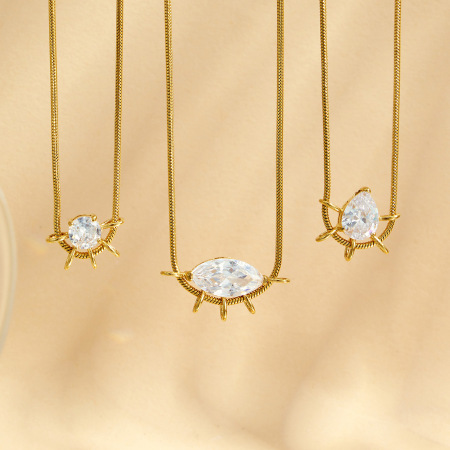 Colliers pendentifs pour femmes en acier inoxydable, couleur or, avec zircon en forme de goutte elliptique simple.