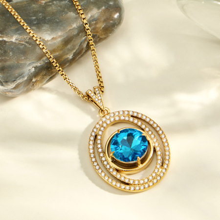 Colliers pendentifs pour femmes de la série Luxueuse, en acier inoxydable étanche, couleur or, zircon et verre bleu