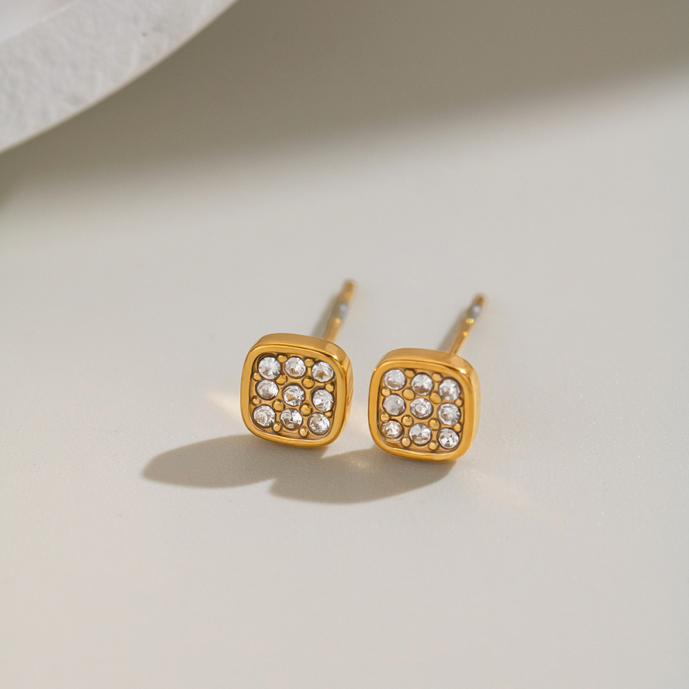 Boucles D'Oreilles Puces Pour Femmes, Forme Géométrique, En Acier Inoxydable, Étanches, Couleur Or, Avec Zircon. Image3