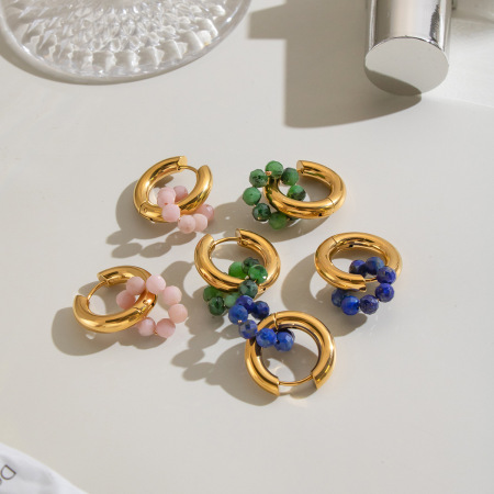 Boucles d'oreilles pendantes pour femme, en acier inoxydable, couleur or, avec perles de pierre naturelle et étanchéité.
