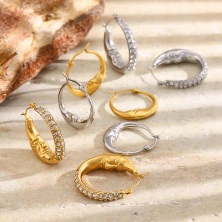 Boucles d'oreilles créoles pour femmes en acier inoxydable étanche, couleur or, ornées de strass