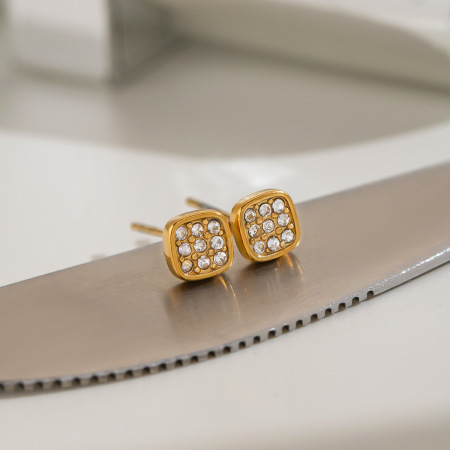 Boucles d'oreilles puces pour femmes, forme géométrique, en acier inoxydable, étanches, couleur or, avec zircon.