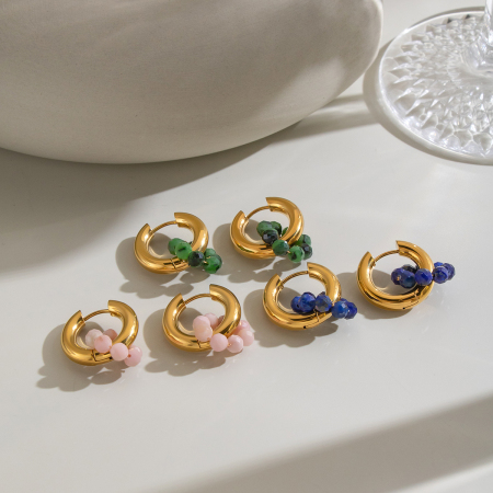 Boucles d'oreilles pendantes pour femme, en acier inoxydable, couleur or, avec perles de pierre naturelle et étanchéité. 2