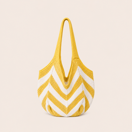 Sac à bandoulière rond pour femme, style décontracté, à rayures tissées ajourées, en polyester tissé multicolore.