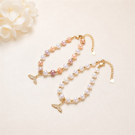 Bracelet de perles pour femme, collection Simple Series Elegant Beads, motif poisson, perles d'eau douce couleur or
