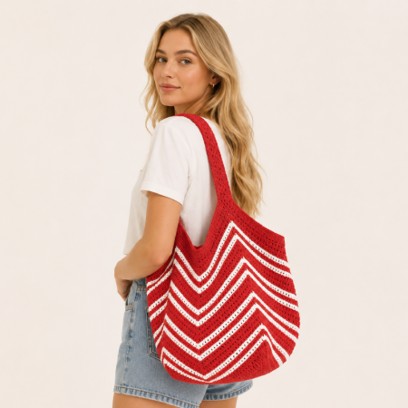 Sac à bandoulière rond pour femme, style décontracté, en polyester tissé à rayures unies et ajourées 2