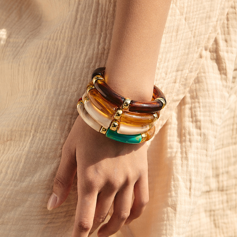 Bracelets Simples En Résine Patchwork Élastique Pour Femmes h5Image2