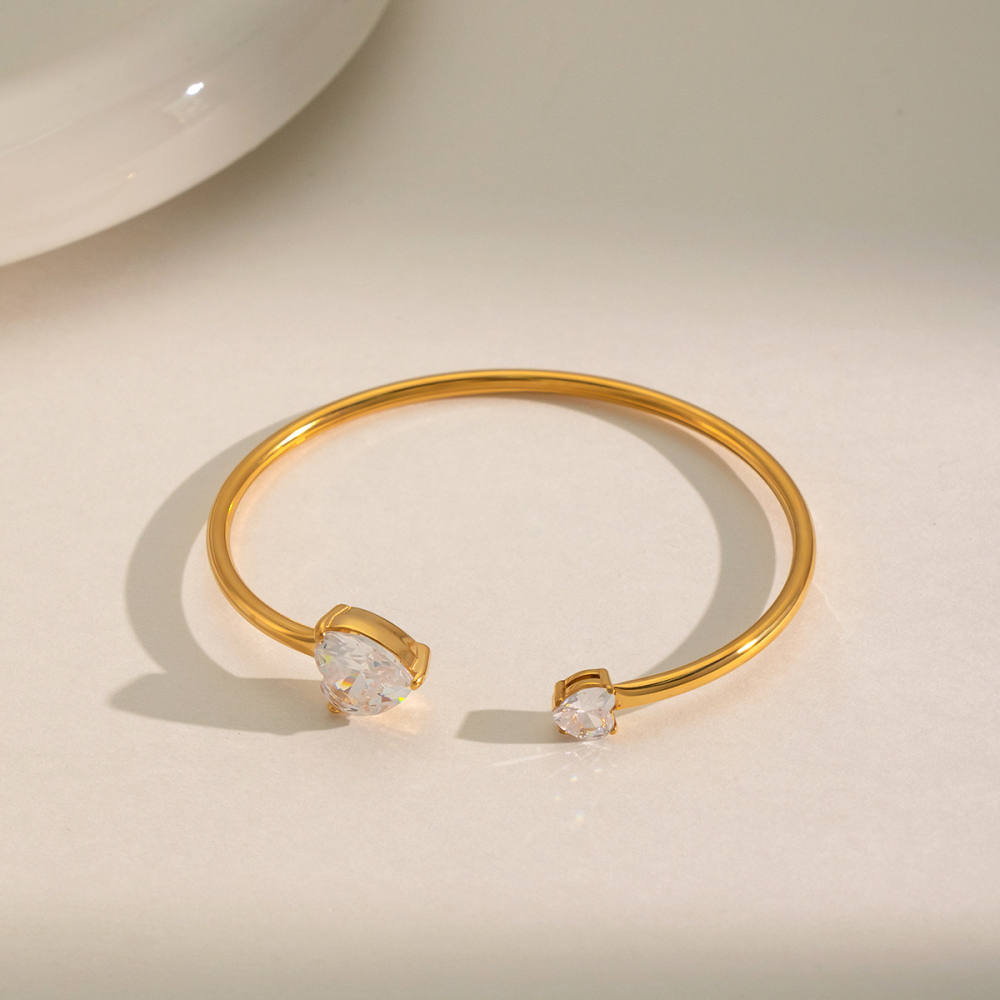 Bracelet Manchette Pour Femme En Acier Inoxydable Doré, Orné D'Un Zircon En Forme De Cœur Image3