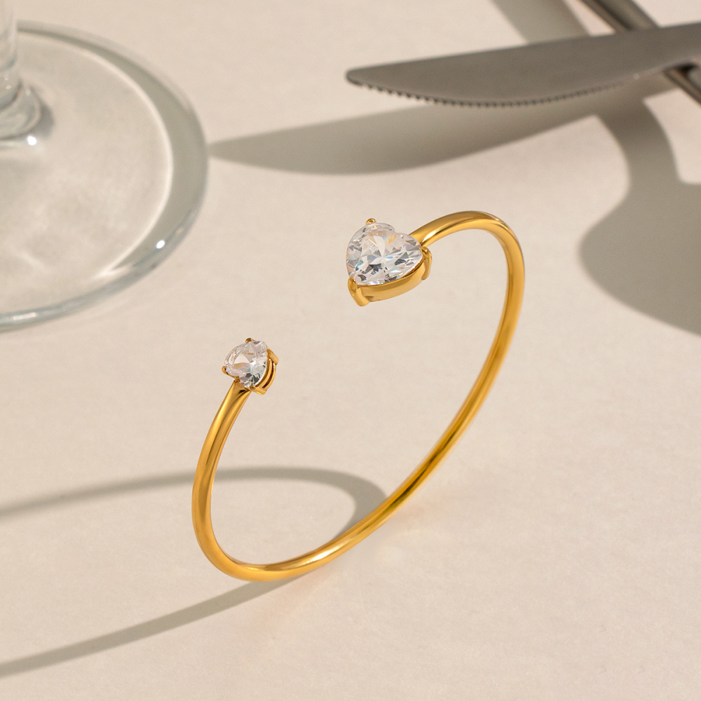 Bracelet Manchette Pour Femme En Acier Inoxydable Doré, Orné D'Un Zircon En Forme De Cœur Image5