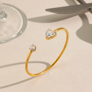 Bracelet Manchette Pour Femme En Acier Inoxydable Doré, Orné D'Un Zircon En Forme De Cœur h5 Image5