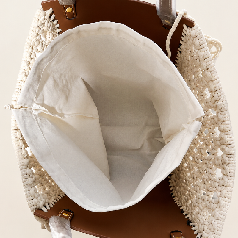 Sac Cabas Femme En Pu Tissé Ajouré, Style Décontracté, Orné De Pompons Et De Fronces Image5