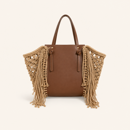 Sac cabas femme en PU tissé ajouré, style décontracté, orné de pompons et de fronces