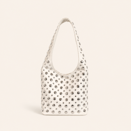 Sac seau femme style streetwear avec rivets et accessoires métalliques, couleur unie, en PU.