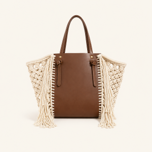 Sac Cabas Femme En Pu Tissé Ajouré, Style Décontracté, Orné De Pompons Et De Fronces h5 Image2