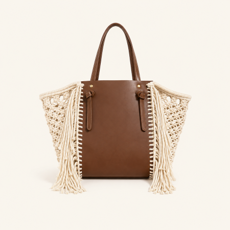 Sac cabas femme en PU tissé ajouré, style décontracté, orné de pompons et de fronces 2