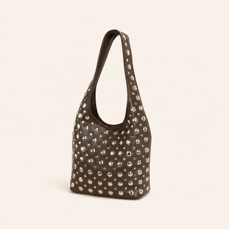 Sac seau femme style streetwear avec rivets et accessoires métalliques, couleur unie, en PU. 2