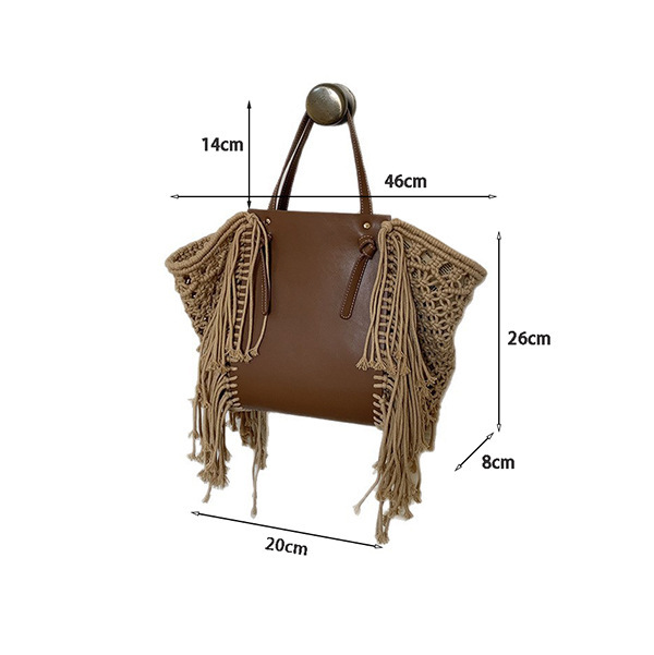 Sac Cabas Femme En Pu Tissé Ajouré, Style Décontracté, Orné De Pompons Et De Fronces Image6