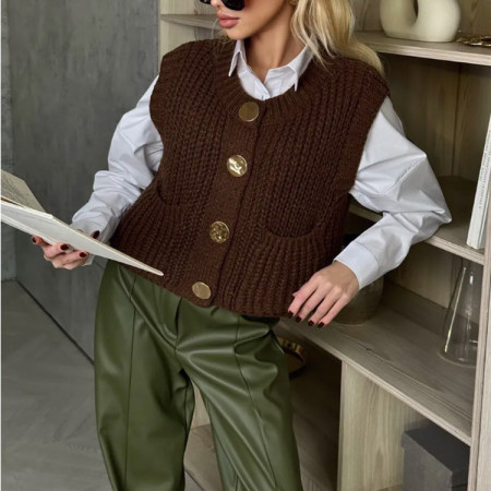 Gilet en maille courte et épaisse pour femme, polyvalent au quotidien, avec boutons dorés 2