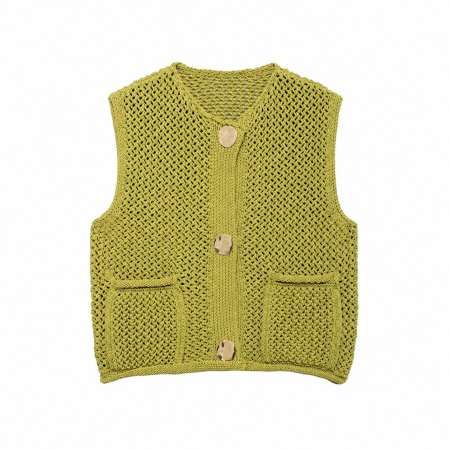 Gilet tricoté pour femme, polyvalent, uni, doux, à col rond et ajouré 2
