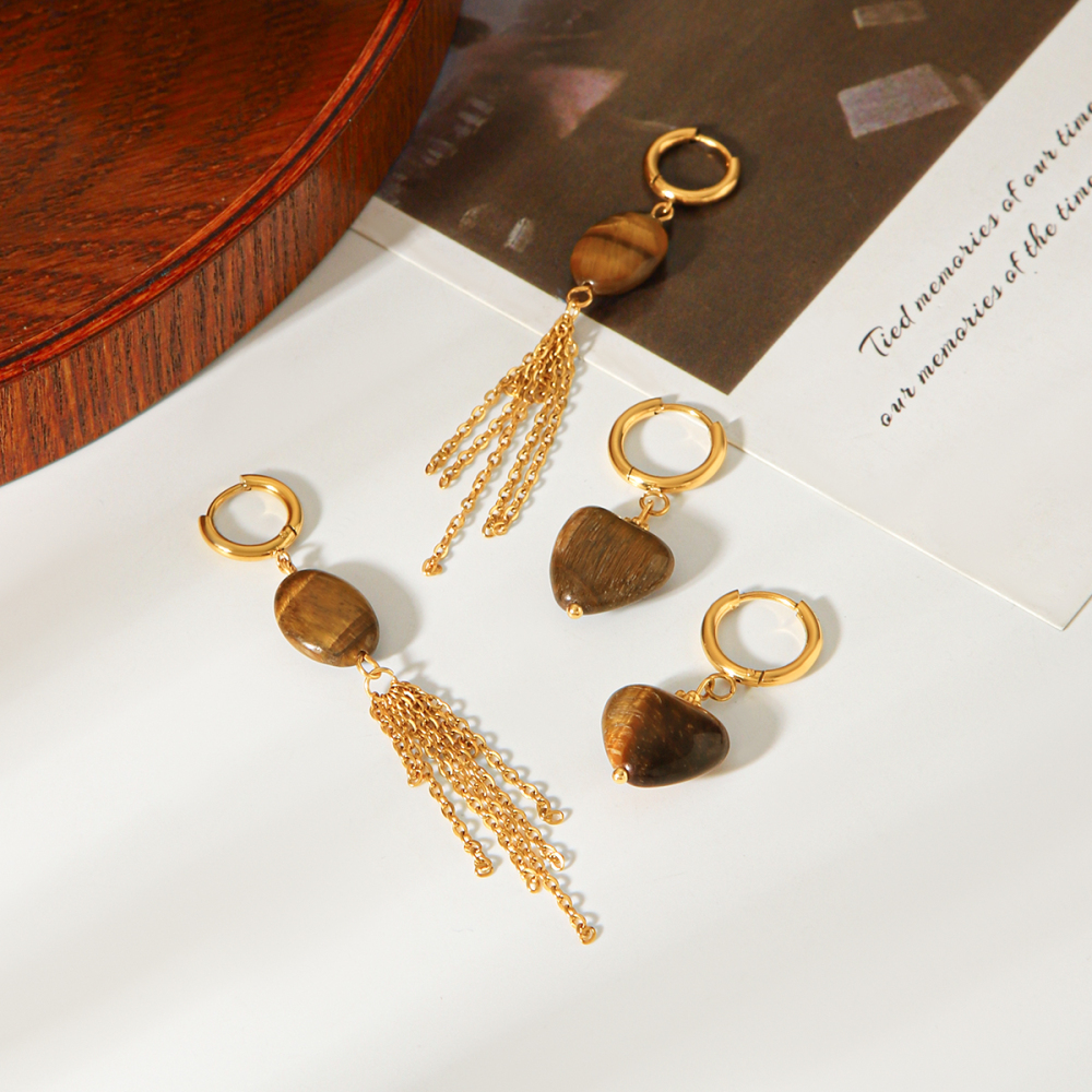 Boucles D'Oreilles Pendantes Pour Femme, Style Simple Series Daily Heart, En Acier Inoxydable, Étanches, Couleur Or, Avec Pompon Et Pierre Naturelle. h5Image7