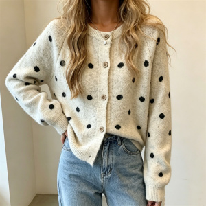 Cardigan Élégant Et Polyvalent À Pois En Maille, Idéal Au Quotidien h5 